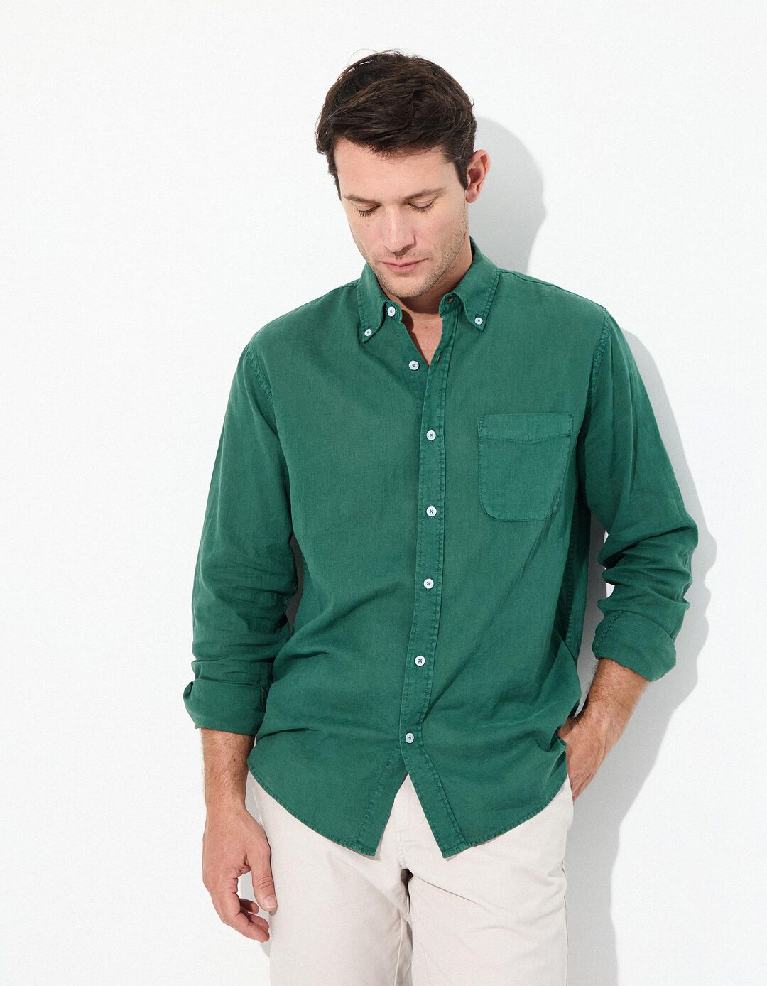 Camisa com Linho, Homem, Verde Escuro 