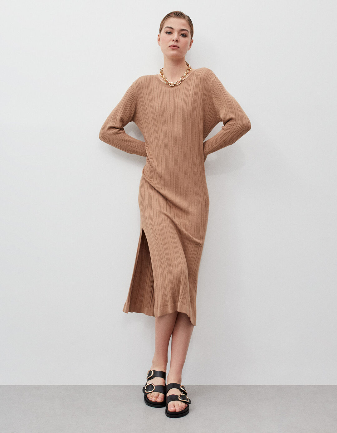 Ribbed Knit Dress, Women, Light Brown