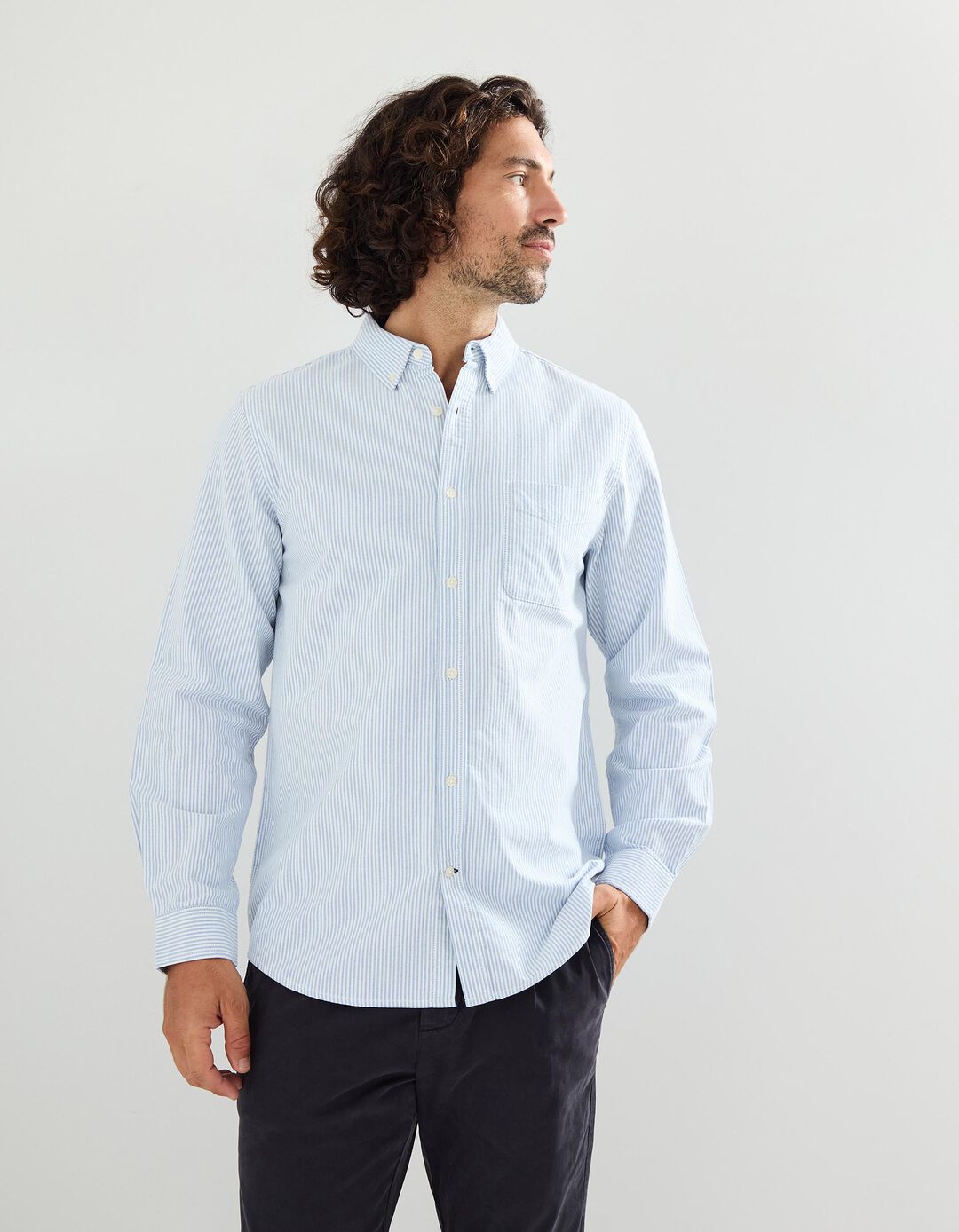 Camisa de Manga Comprida Oxford com Riscas, Homem, Azul