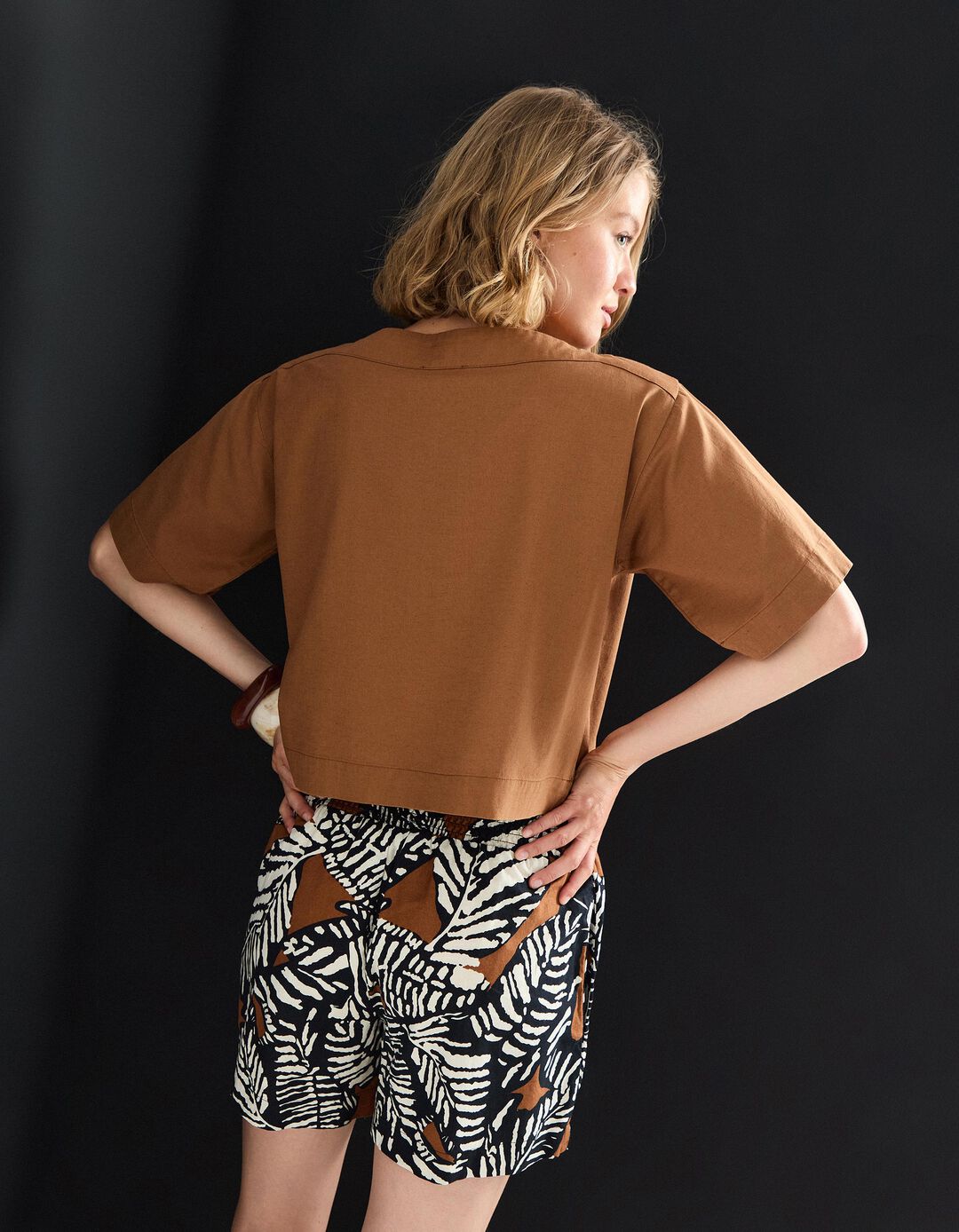 Blusa com Linho, Mulher, Castanho Claro 
