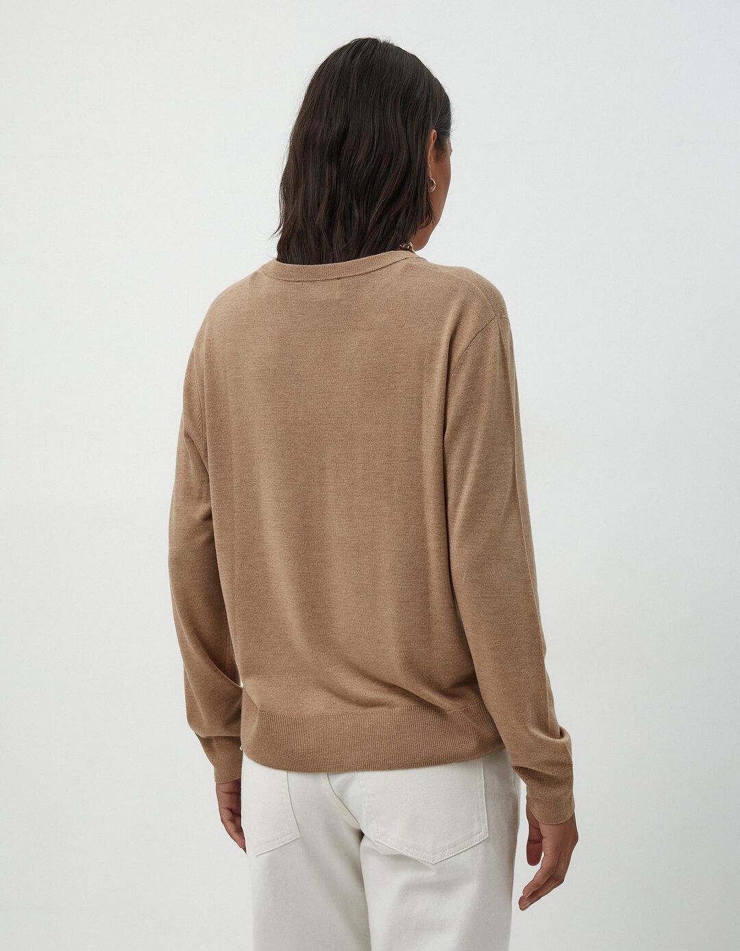 Camisola Mistura de Caxemira Decote em V, Mulher, Bege