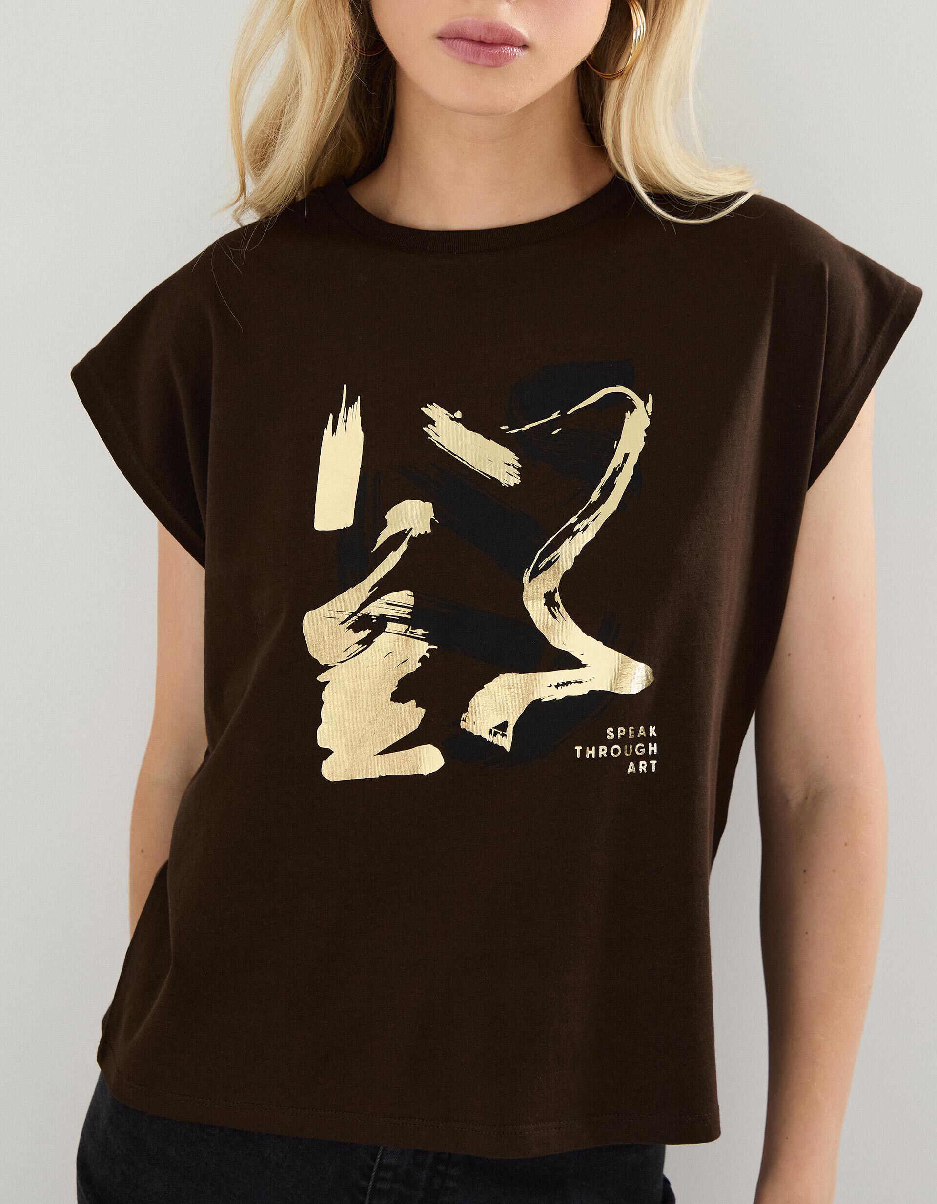Comprar Online T-shirt Estampado Foil, Mulher, Castanho Escuro