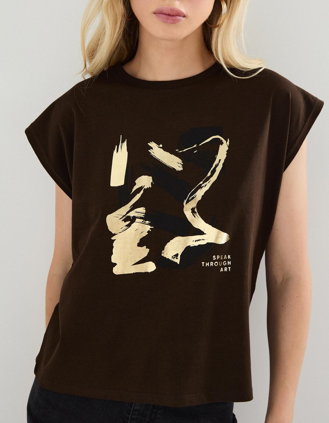 T-shirt Estampado Foil, Mulher, Castanho Escuro