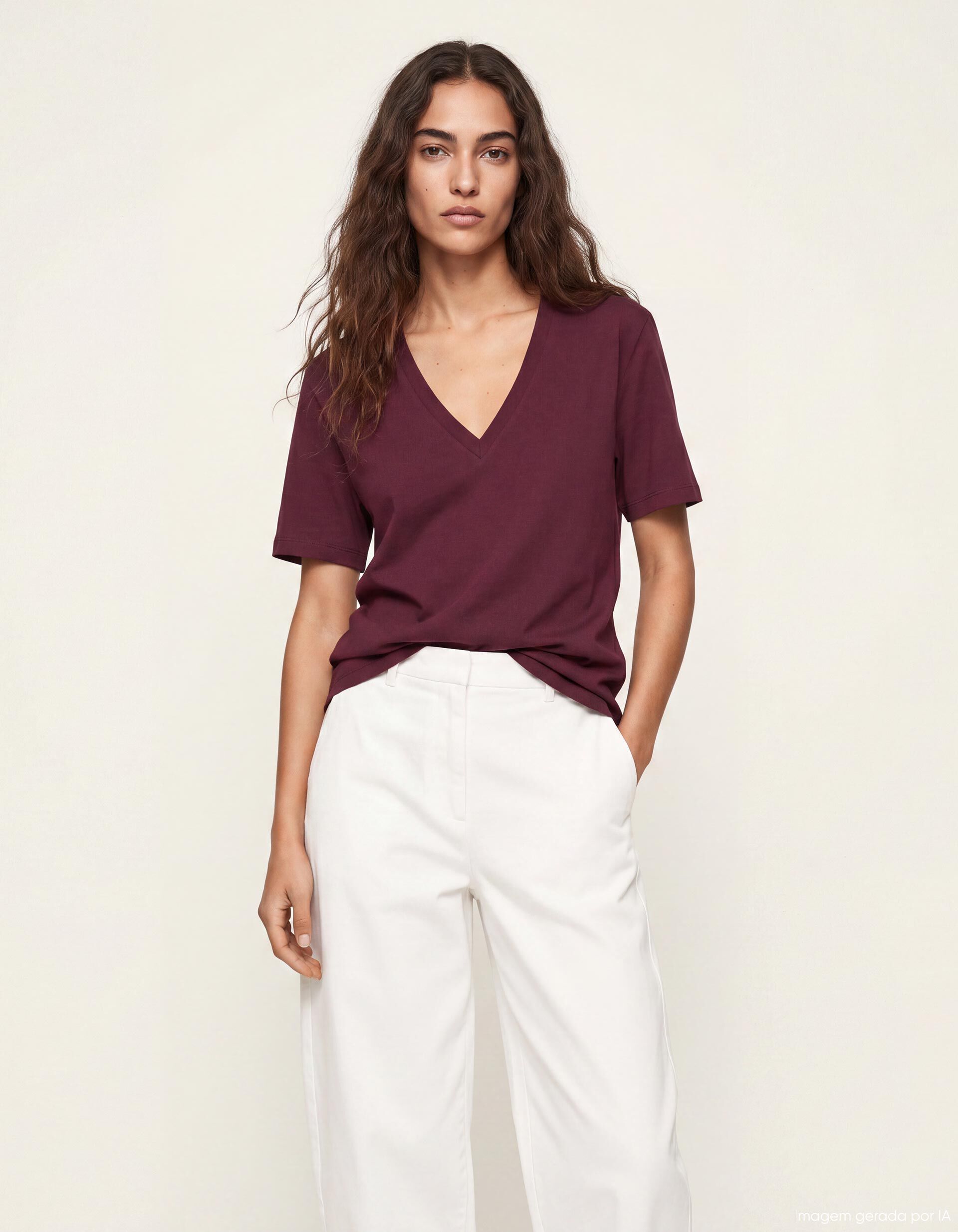 Comprar Online T-shirt Decote em V, Mulher, Vermelho Escuro