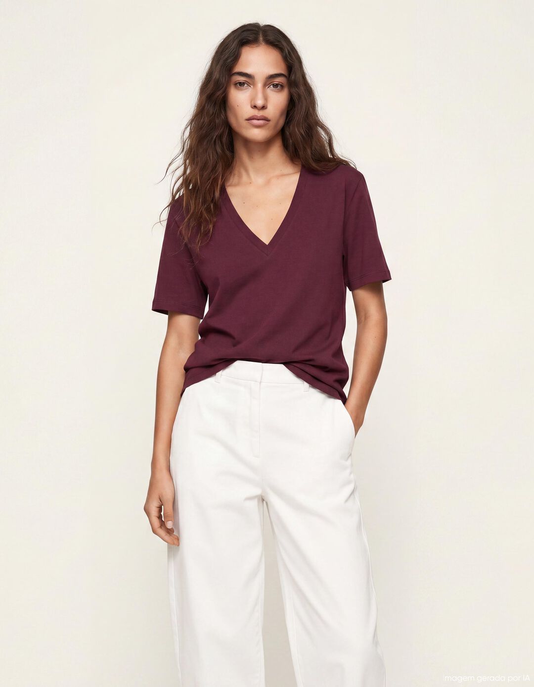 T-shirt Decote em V, Mulher, Vermelho Escuro