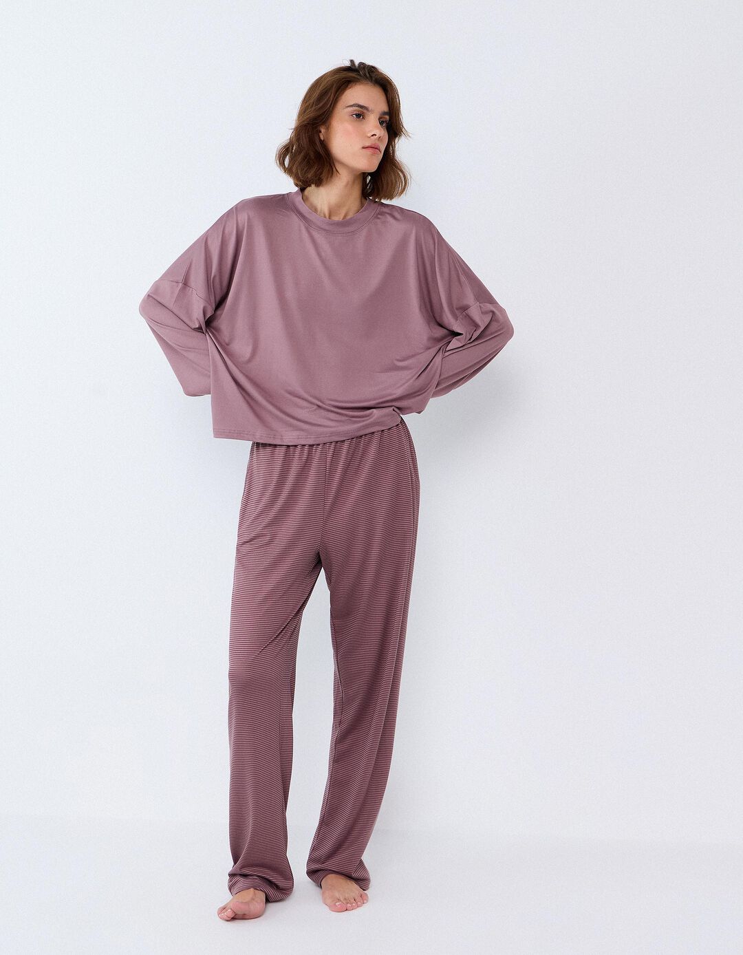 Pijama De Malha &Agrave;s Riscas, Mulher, Rosa Escuro