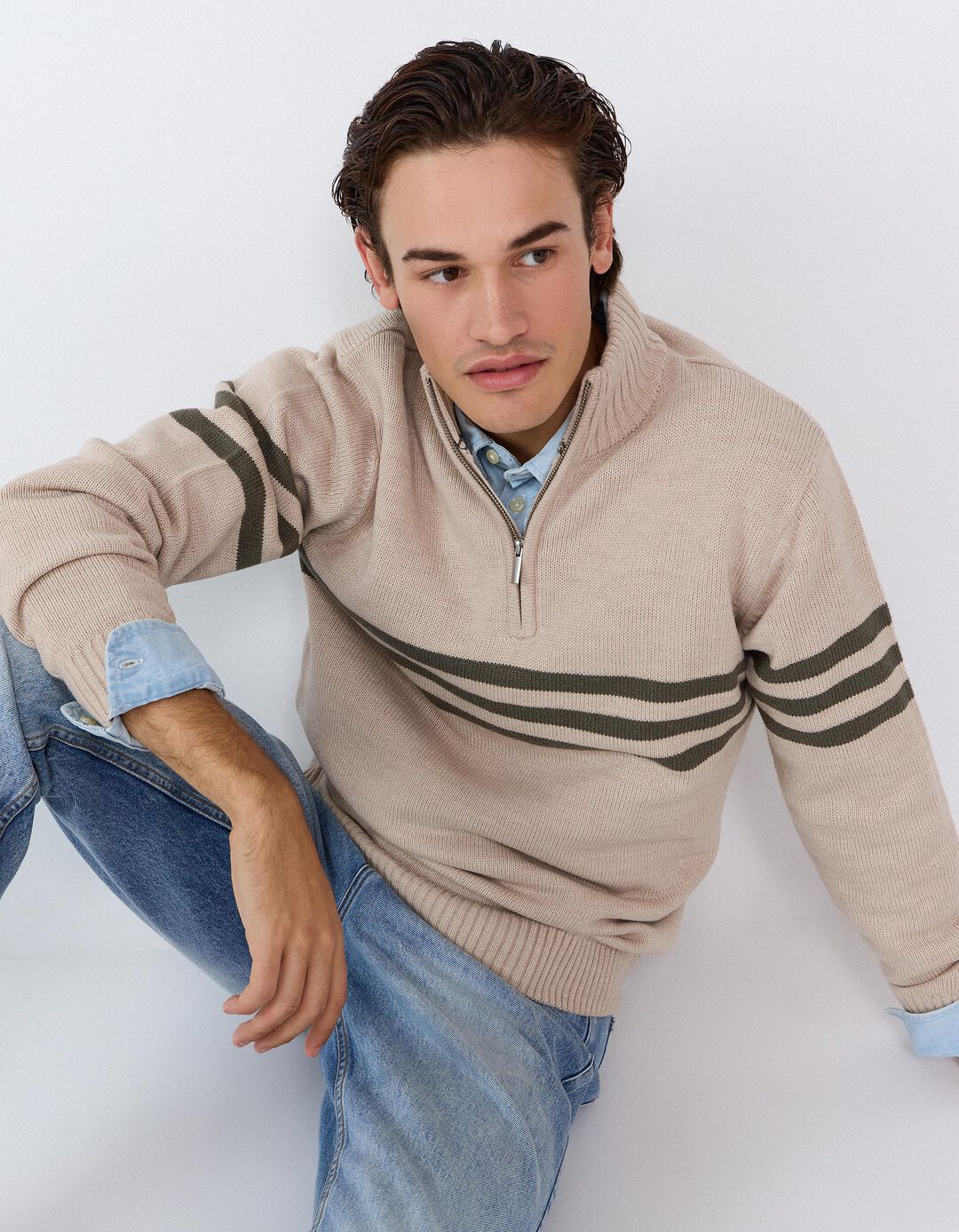 Sweater De Gola Alta, Homem, Bege