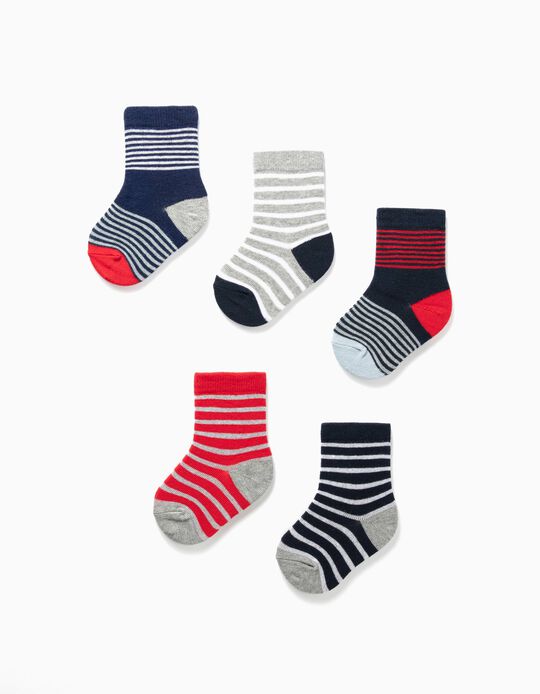 5 Pairs of Socks for Baby Boys 'Stripes', Blue/Grey/Red