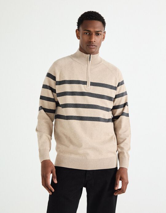 Comprar Online Camisola de Malha Fecho de Correr, Homem, Bege Claro 