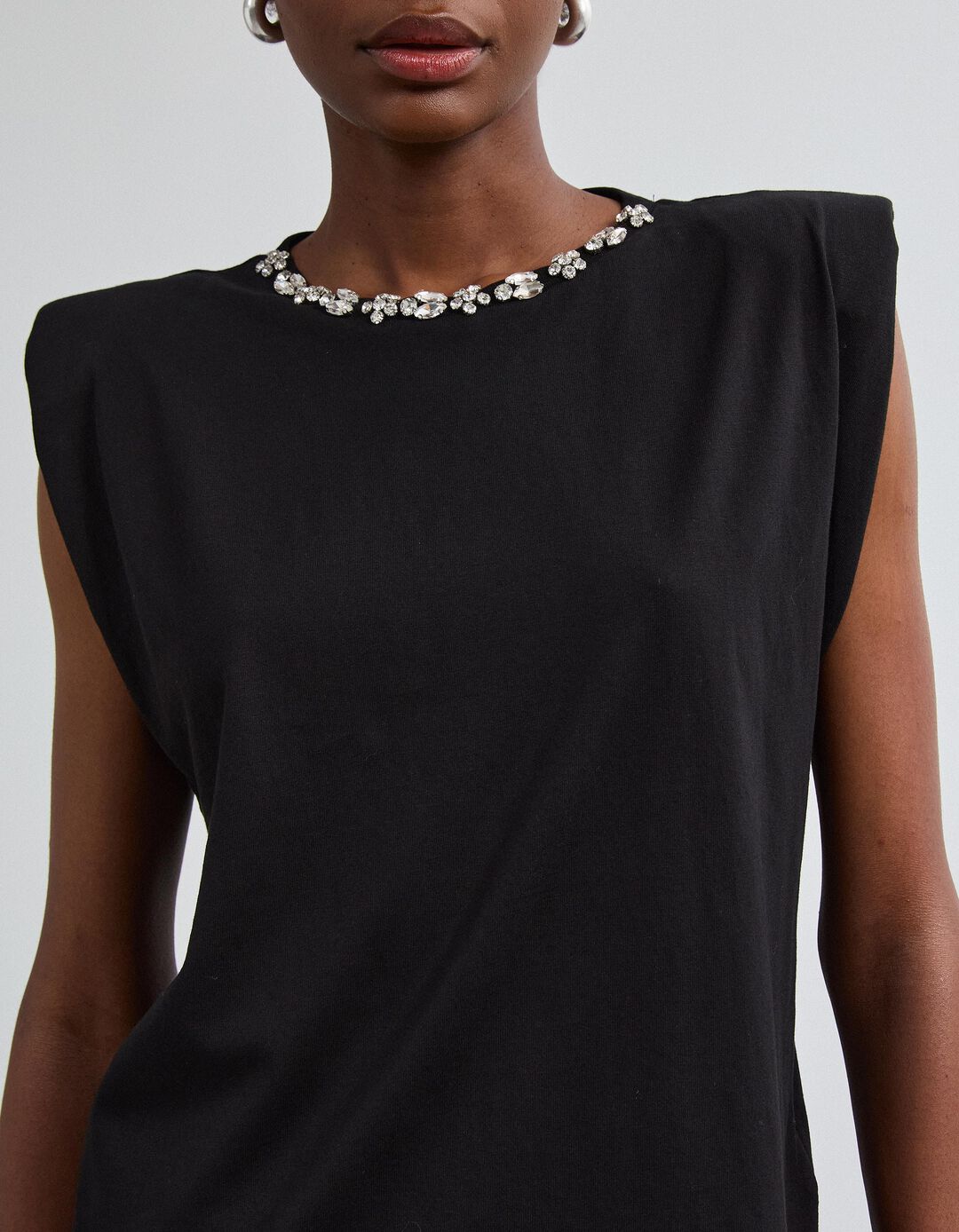 T-shirt Ombreiras Com Brilhos, Mulher, Preto 