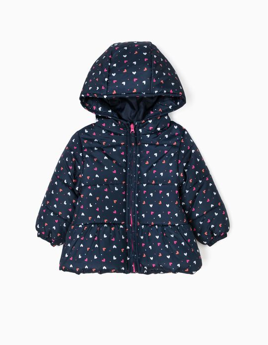 Blus&atilde;o Acolchoado com Capuz para Beb&eacute; Menina Cora&ccedil;&otilde;es, Azul Escuro