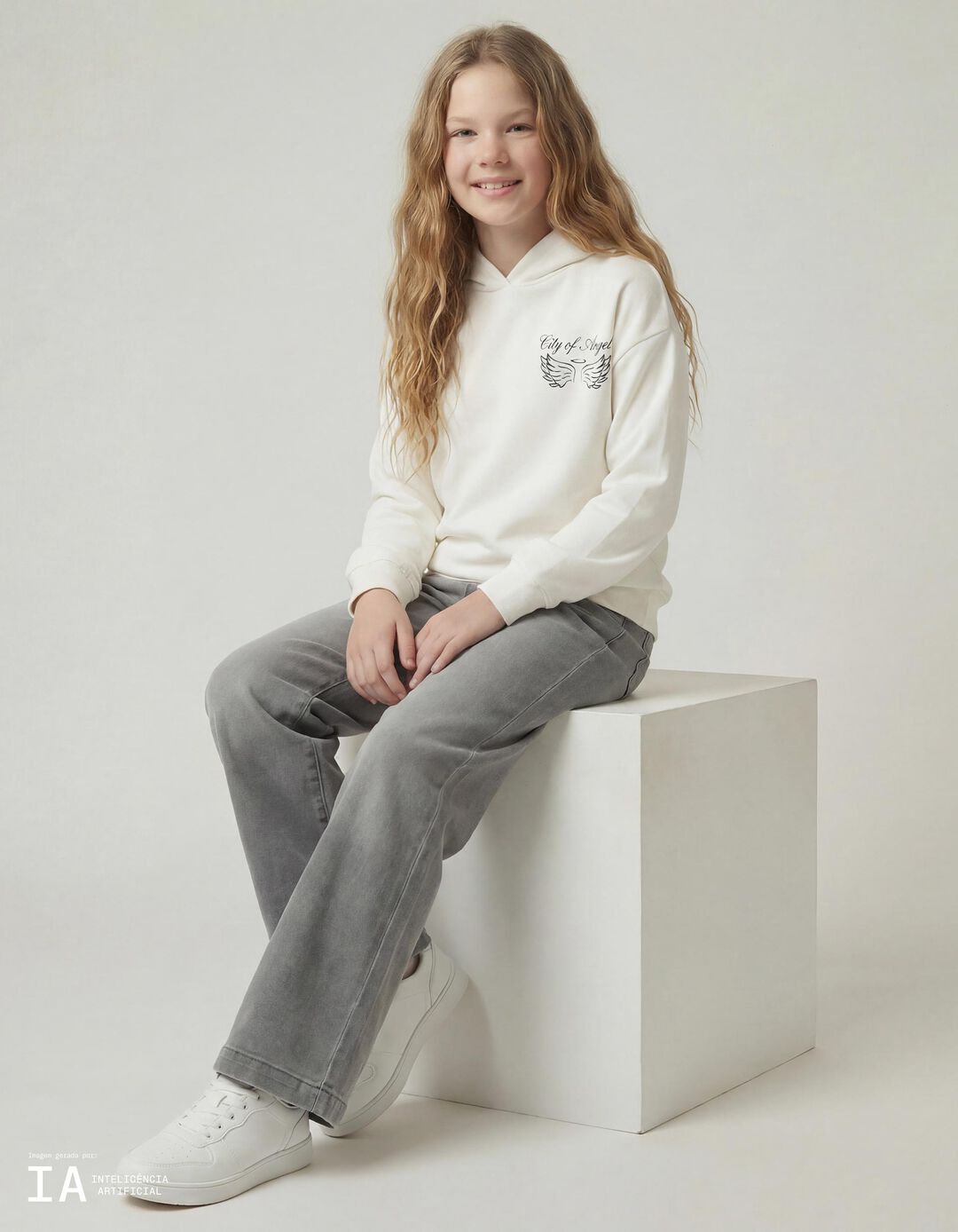 Sweatshirt de Felpa Capuz, Menina, Branco