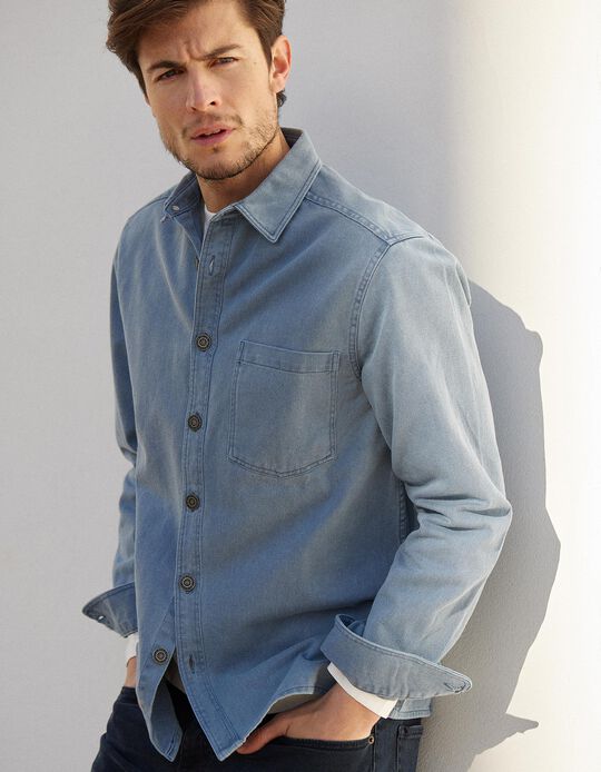 Overshirt with Minimalist Embroidery, Men, Blue