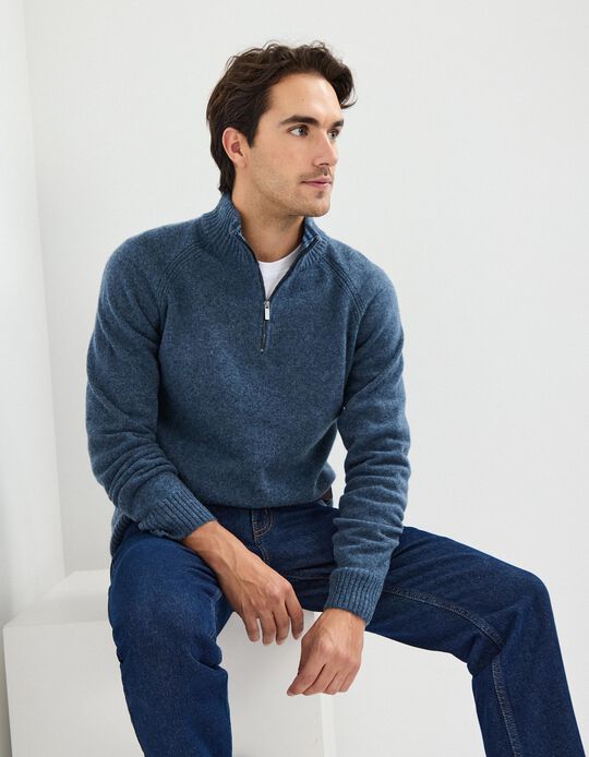 Comprar Online Camisola com Lã com Fecho, Homem, Azul