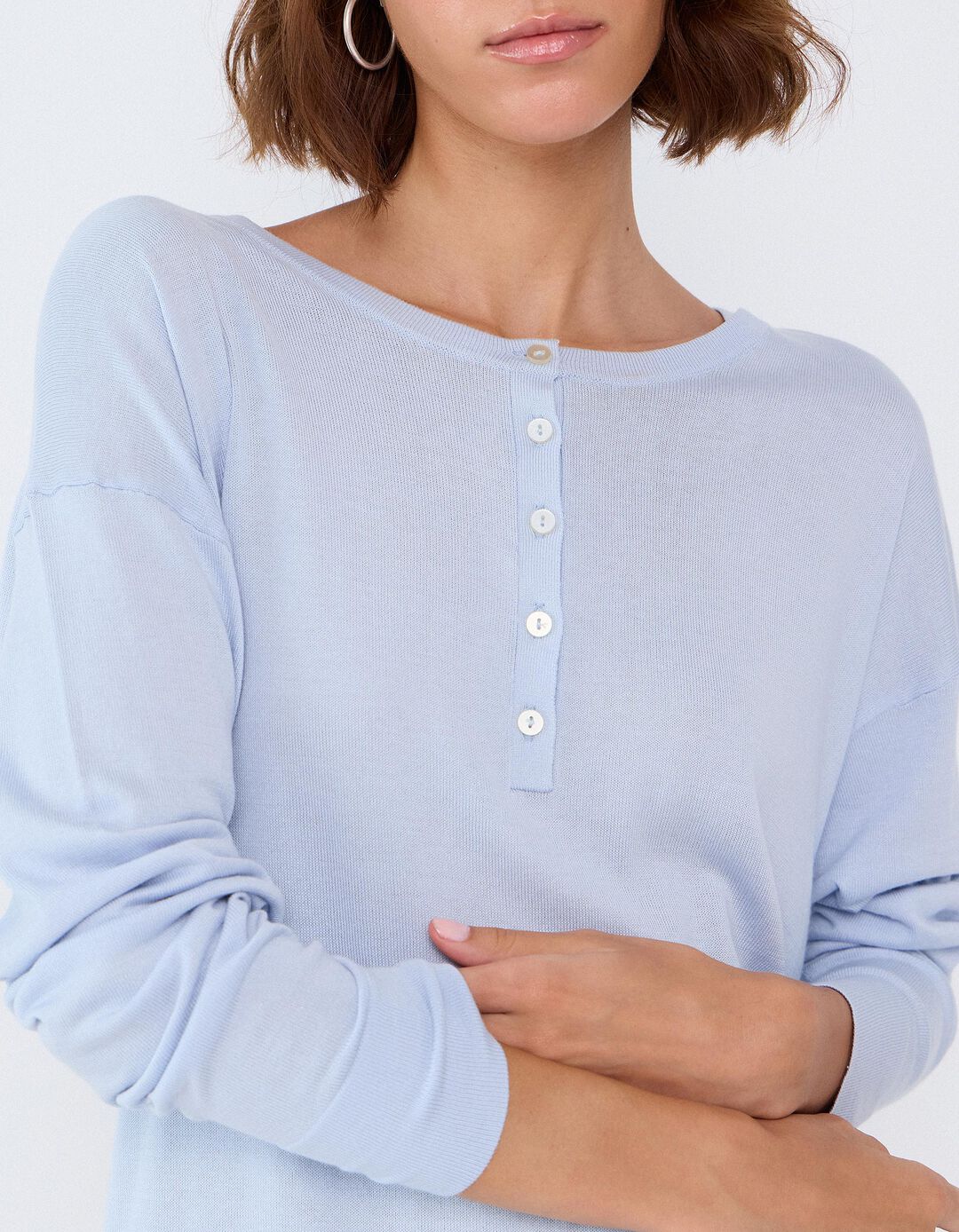 Camisola Decote Henley, Mulher, Azul