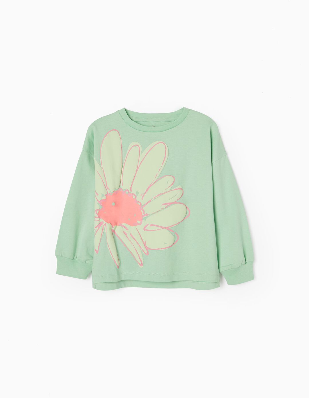 Long Sleeve Cotton T-shirt for Girls 'Flower', Green