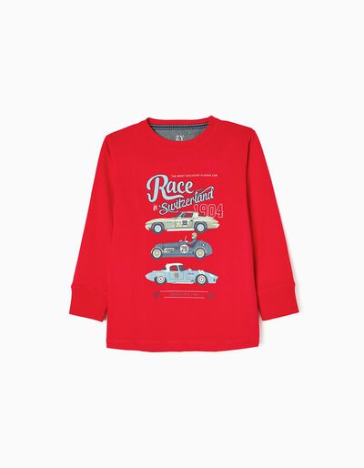 Long Sleeve Cotton T-shirt for Boys 'Racing Cars', Red
