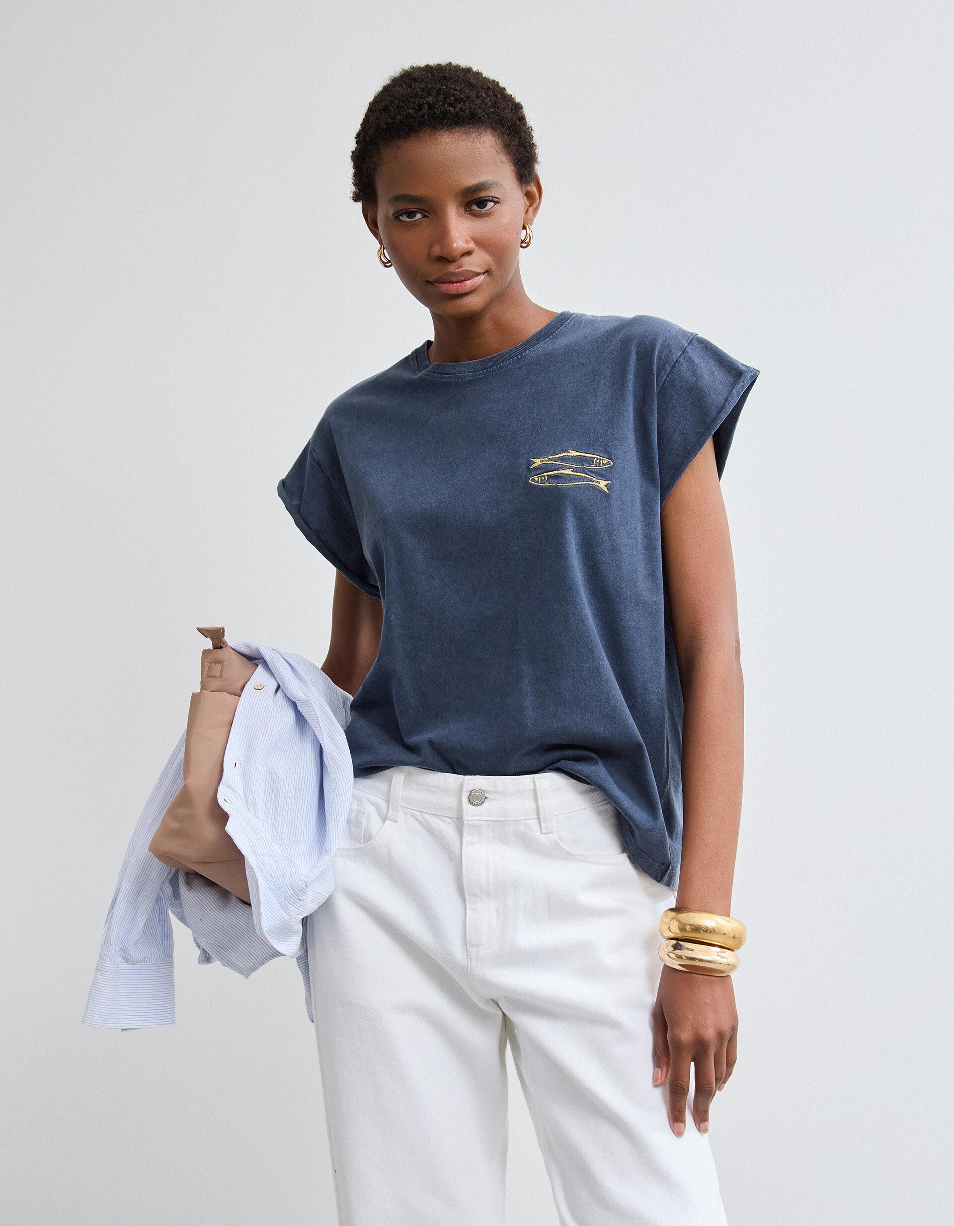 Comprar Online T-shirt Bordado, Mulher, Azul Escuro