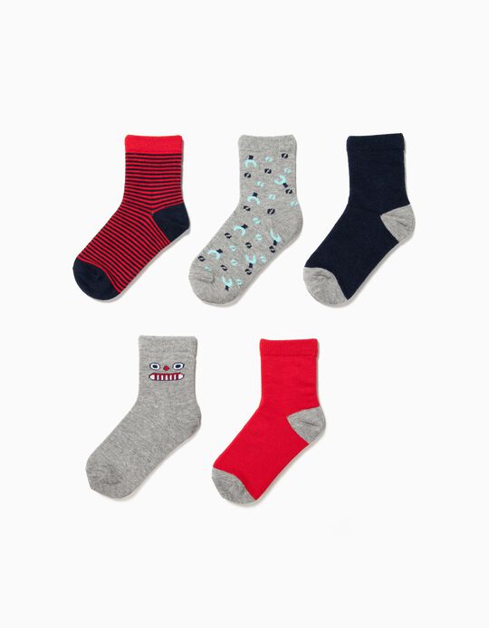 Pack 5 Meias para Menino Lisas e Fantasia, Vermelho, Azul e Cinza