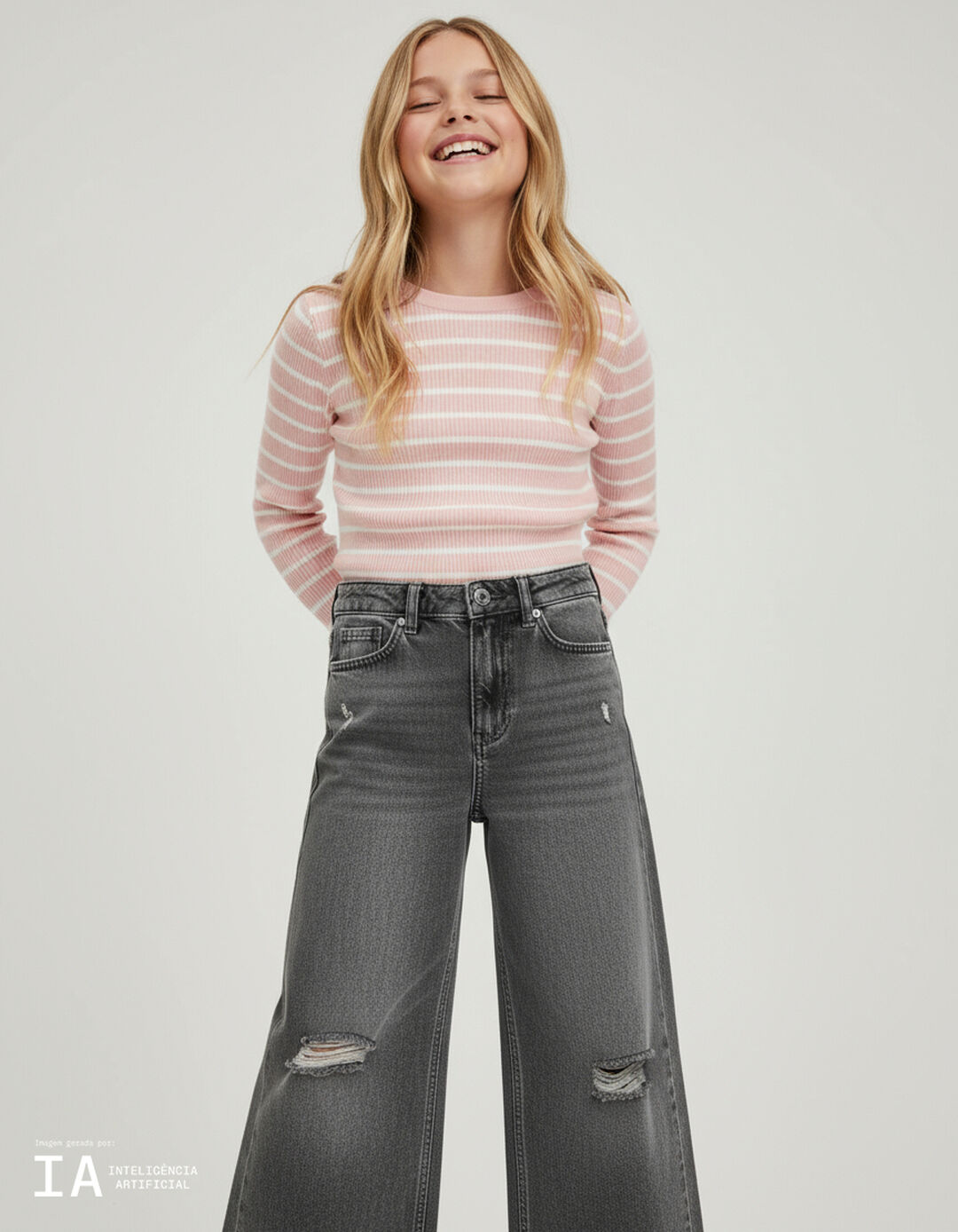 Camisola de Malha Riscas, Menina, Rosa Claro
