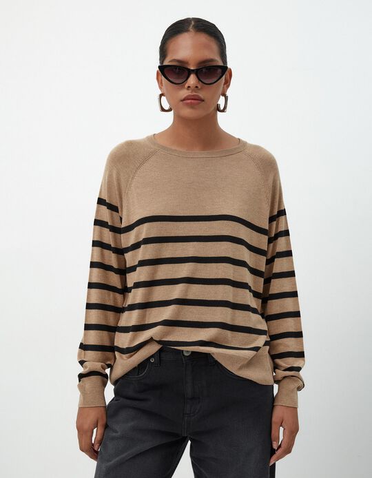 Comprar Online Camisola Mistura de Caxemira Riscas, Mulher, Bege