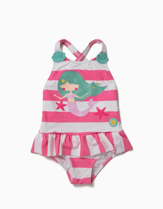 Fato de Banho para Beb&eacute; Menina 'Mermaid' Anti-UV 80, Branco e Rosa
