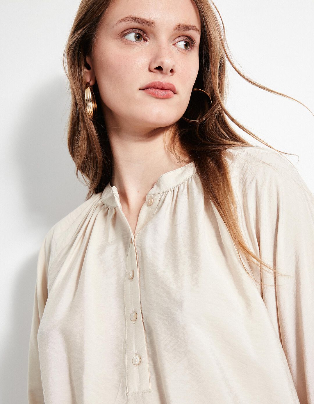 Blusa de Manga Comprida Botões, Mulher, Bege Claro