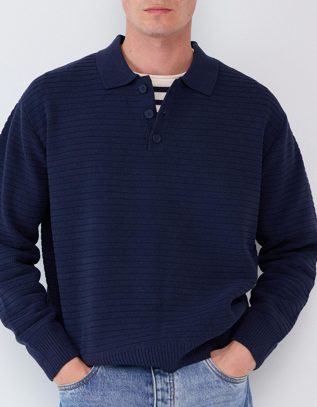 Camisola De Malha Gola Polo, Homem, Azul Escuro