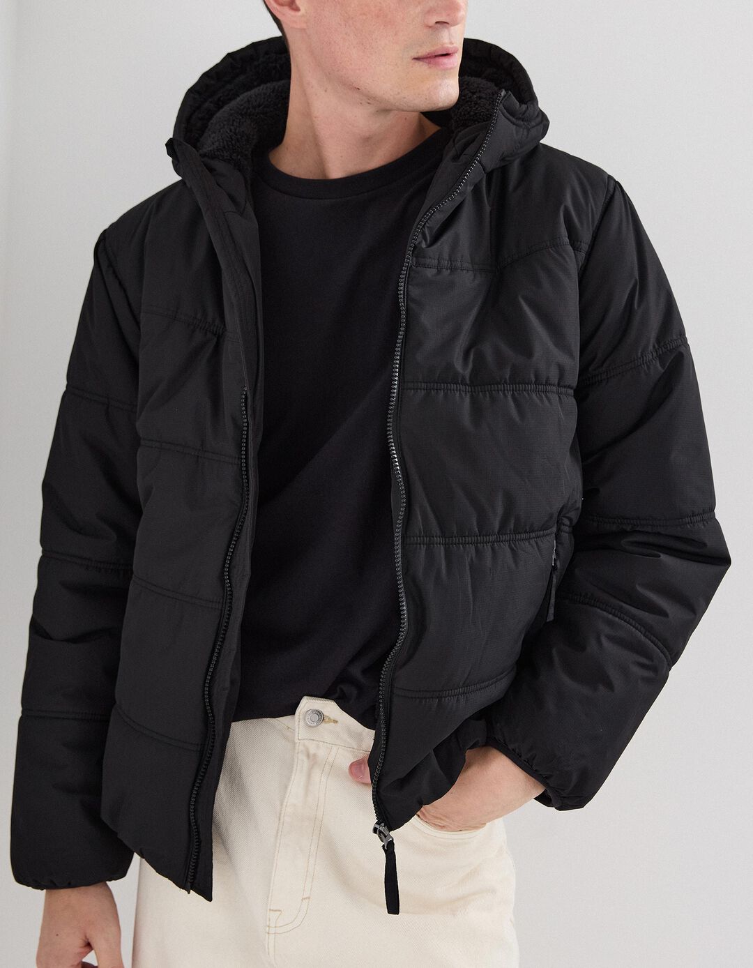 Casaco Acolchoado com Capuz, Homem, Preto