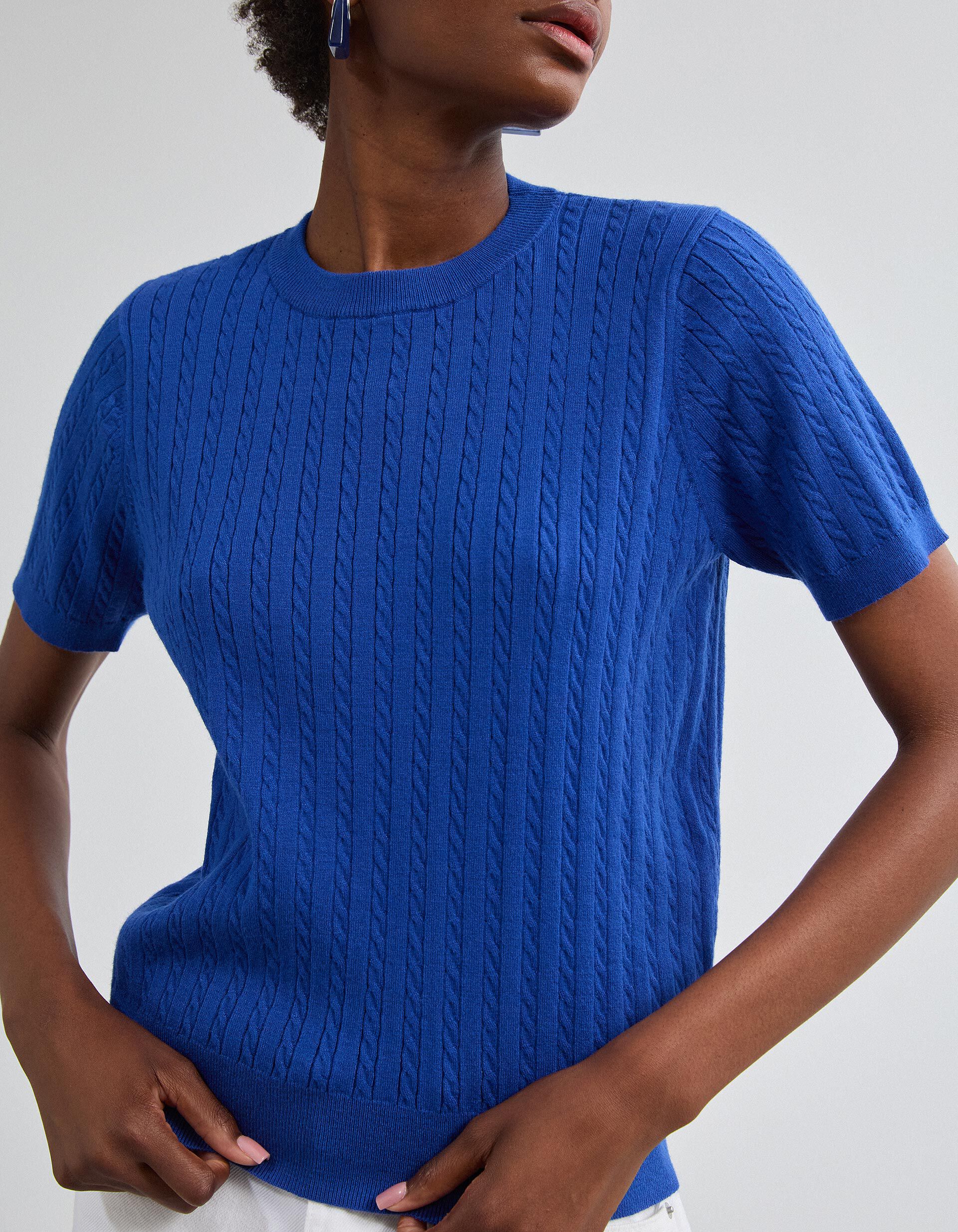 Comprar Online Camisola Tricotada Manga Curta, Mulher, Azul