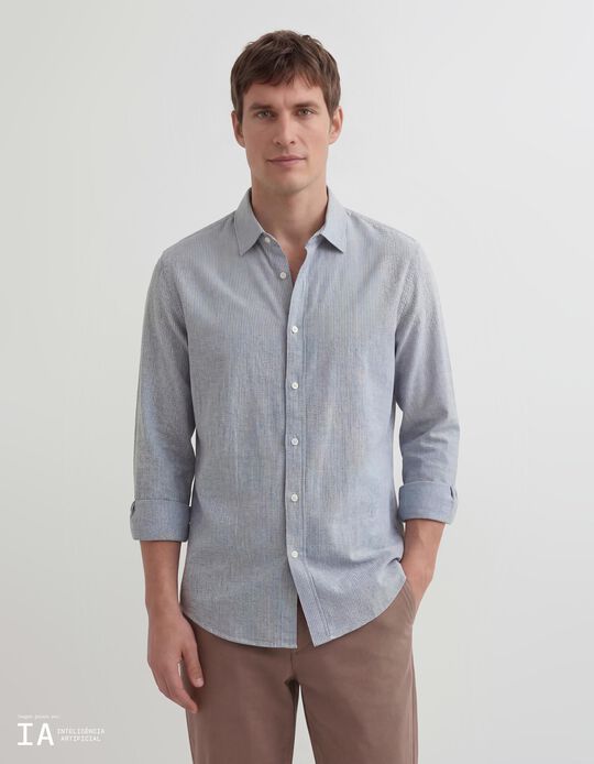 Comprar Online Camisa Riscas com Linho, Homem, Azul Escuro