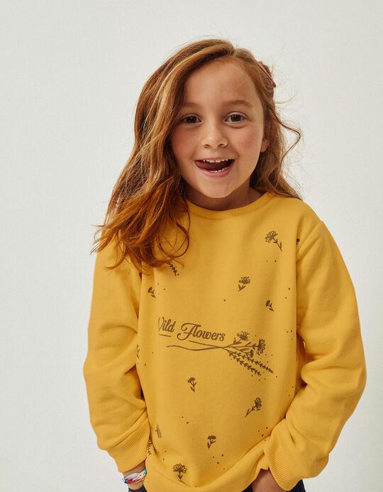 Cotton Brushed Sweatshirt for Girls 'Wild Flowers', Yellow