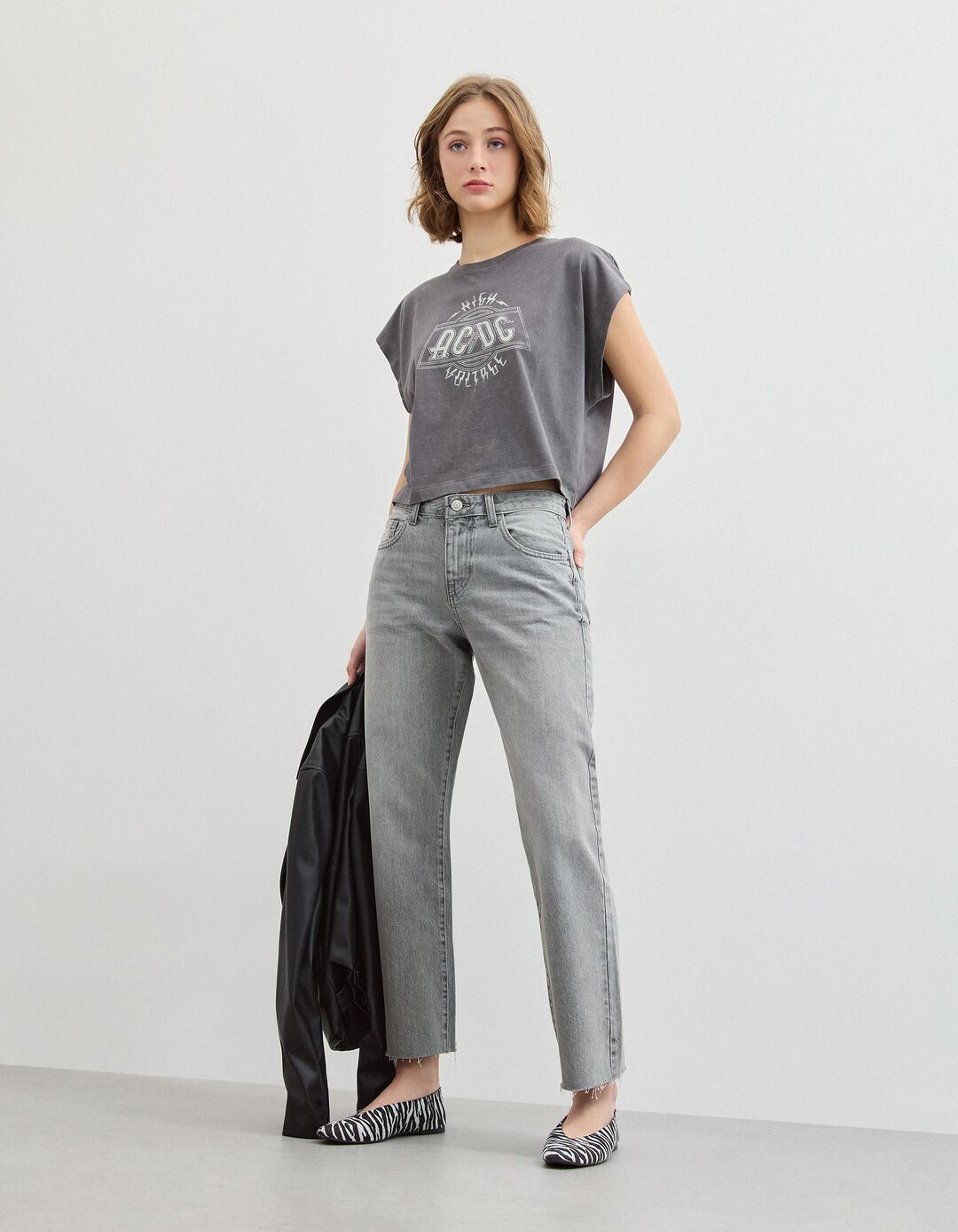 Cal&ccedil;as de Ganga Cropped 'Straight Fit', Mulher, Cinzento Claro