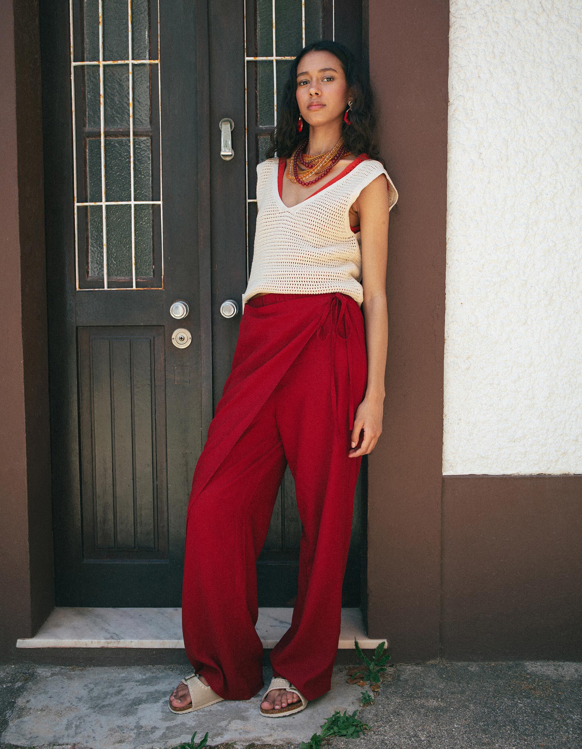 Comprar Online Cal&ccedil;as Pareo Com Linho, Mulher, Vermelho