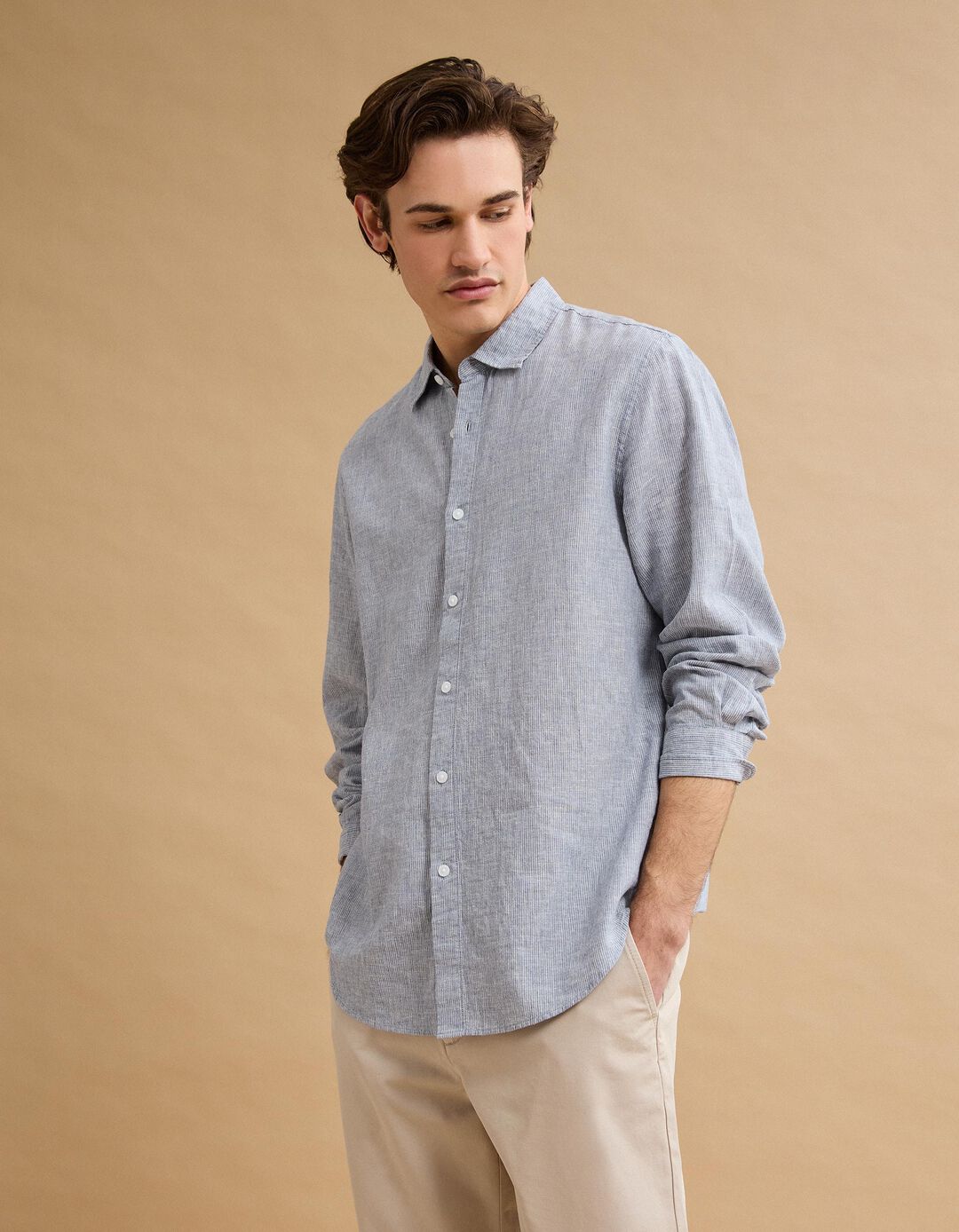 Camisa Riscas com Linho, Homem, Azul Escuro