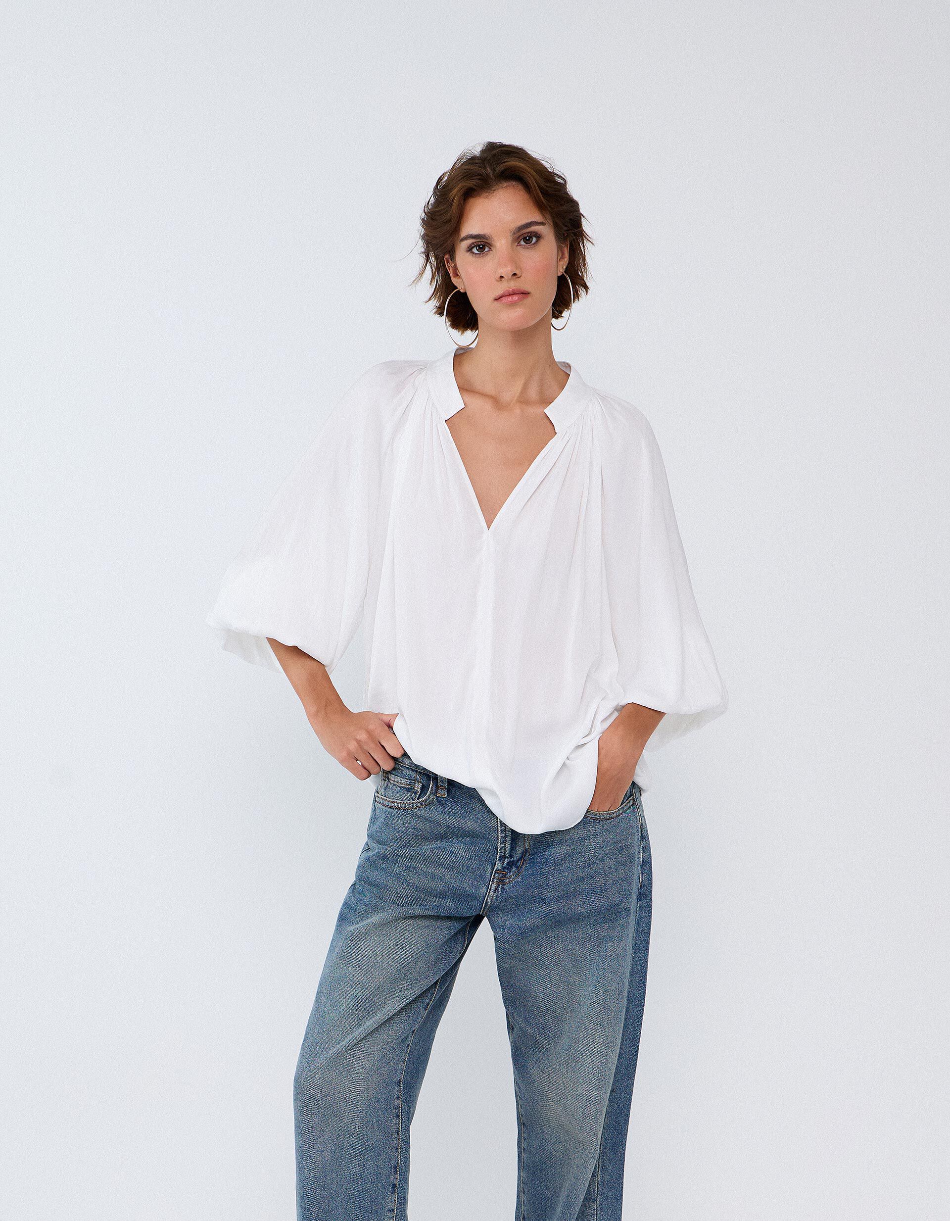 Comprar Online Bliusa Com Mangas Bal&atilde;o, Mulher, Branco