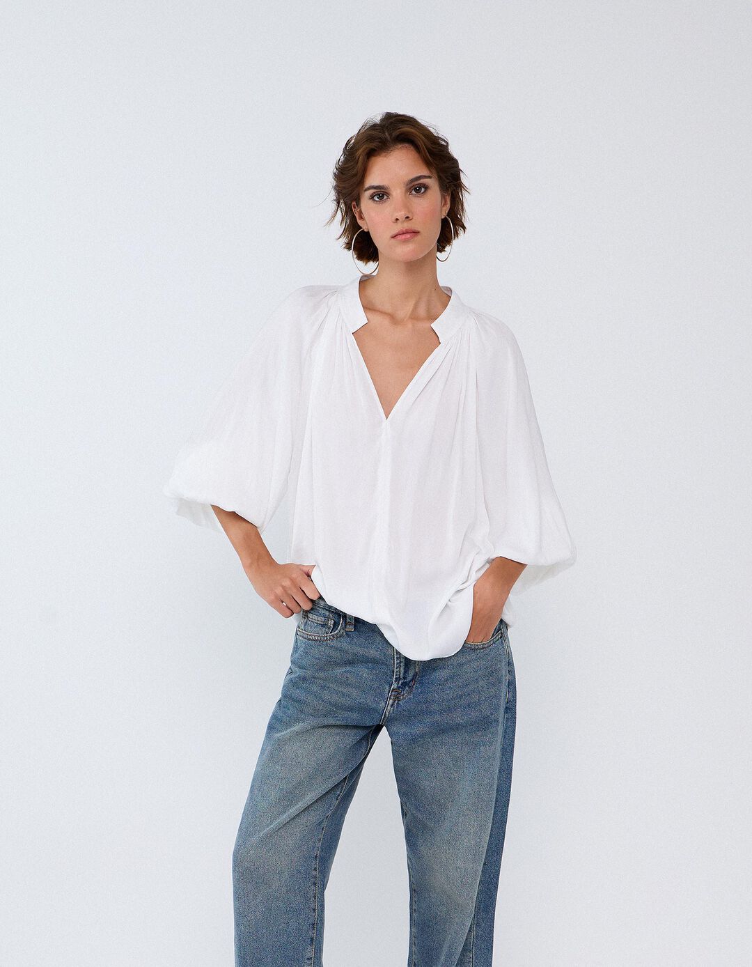 Bliusa Com Mangas Bal&atilde;o, Mulher, Branco
