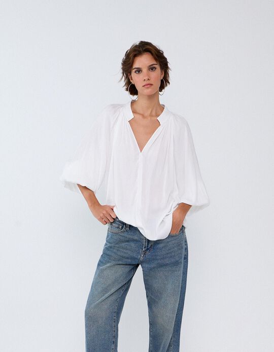 Comprar Online Bliusa Com Mangas Bal&atilde;o, Mulher, Branco