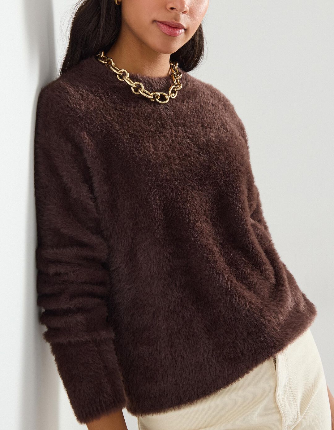 Camisola com Efeito de Pelo, Mulher, Castanho