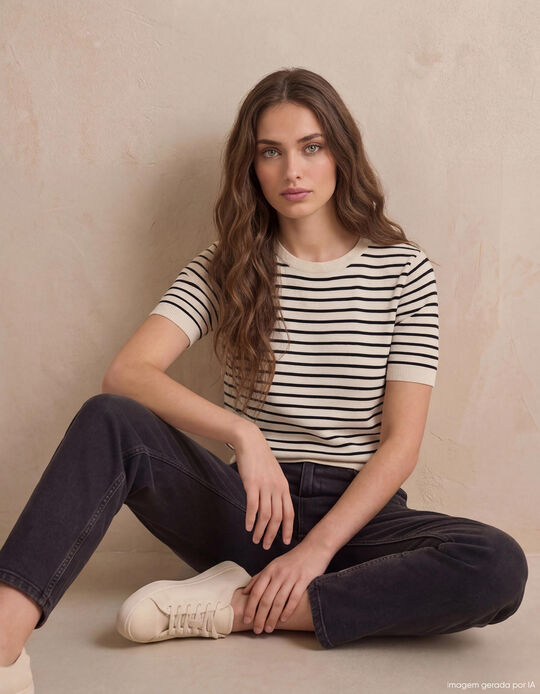 Comprar Online Camisola de Malha Riscas, Mulher, Cru