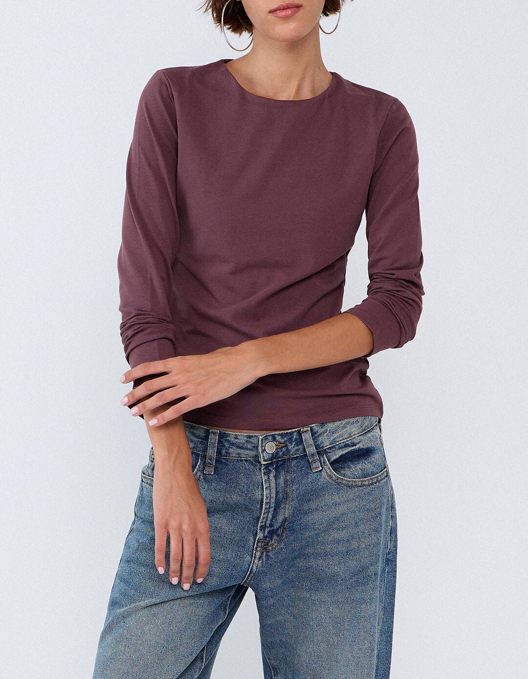 Camisola De Manga Comprida, Mulher, Vermelho Escuro