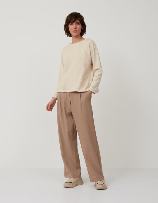 Straight Leg Trousers with Buttons, Women, Beige