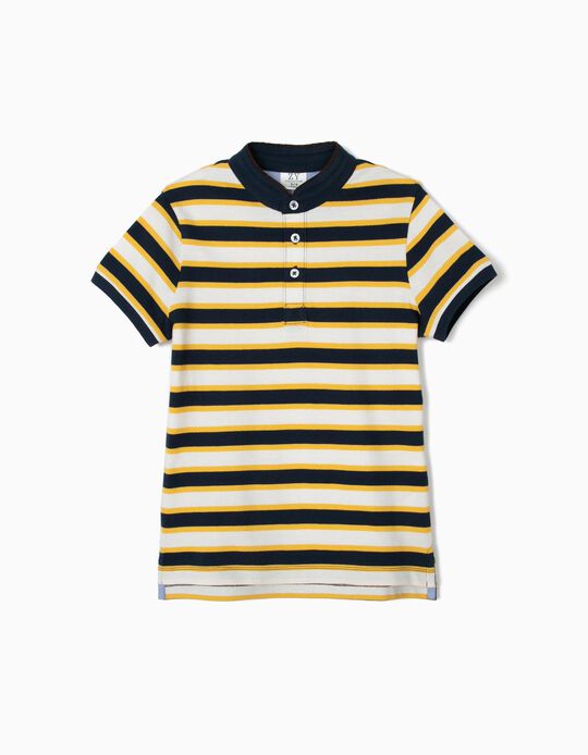 Polo para Menino com Gola Mao e Riscas, Azul e Amarelo