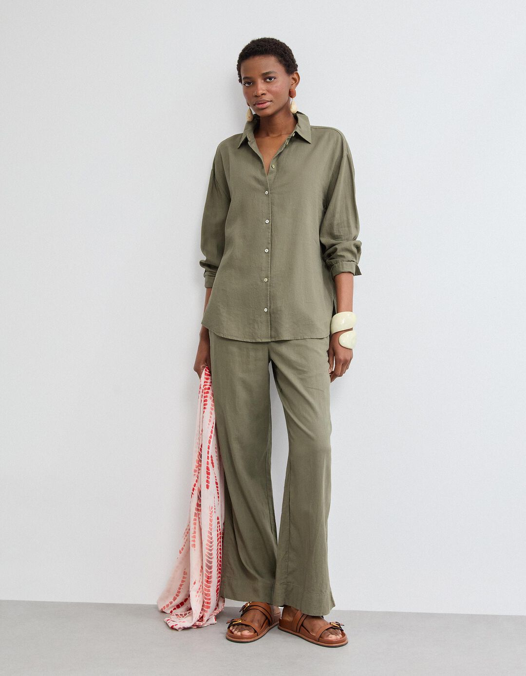 Camisa com Linho, Mulher, Verde Escuro