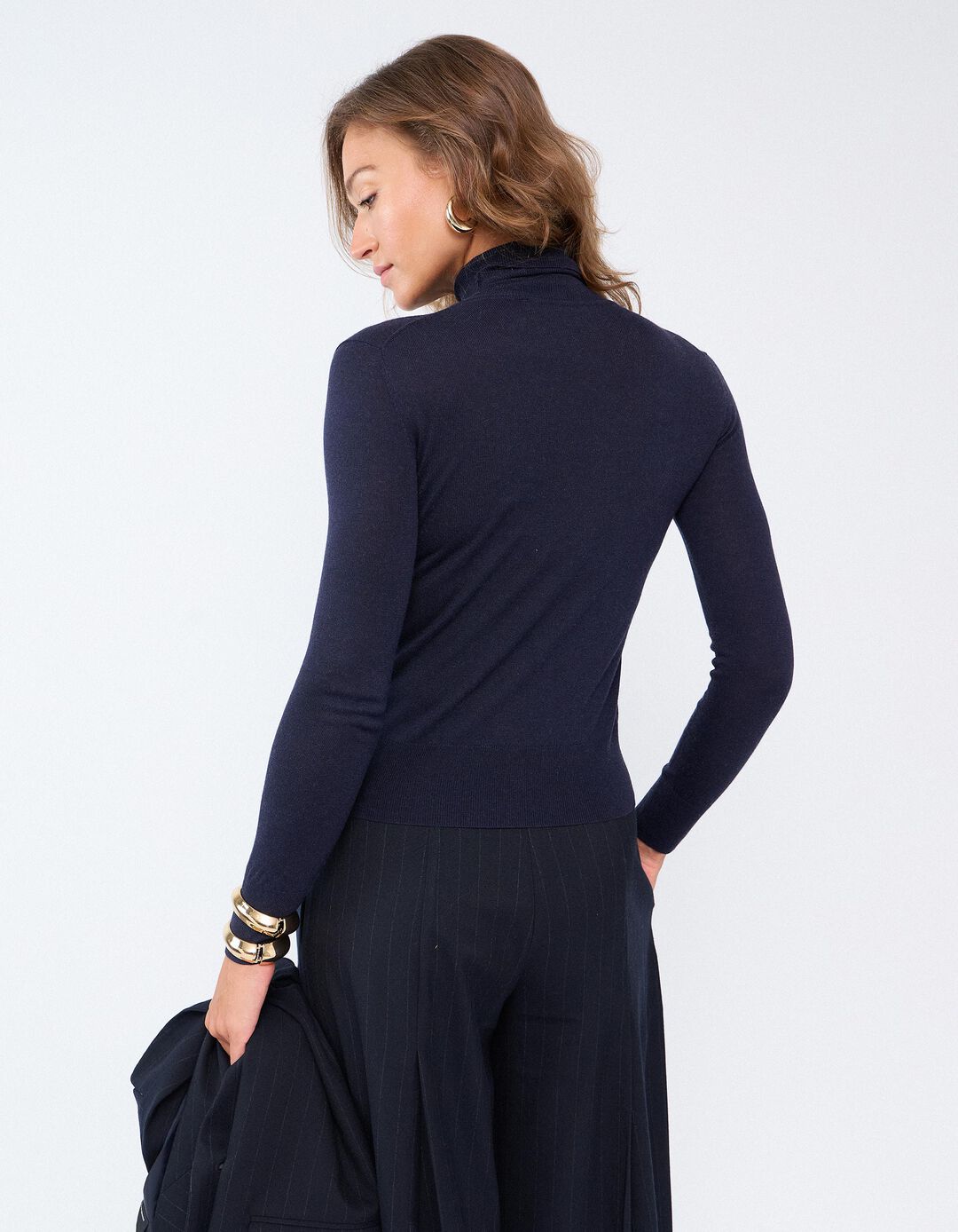 Camisola Gola Alta Com Caxemira, Mulher, Azul Escuro