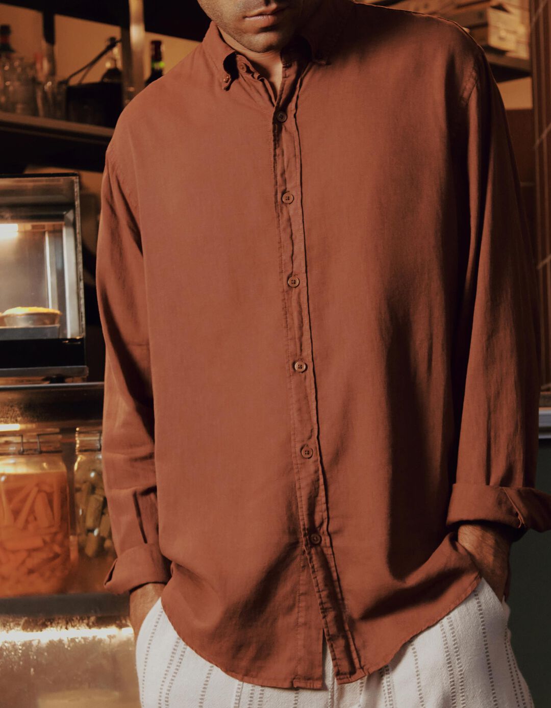 Camisa com Linho, Homem, Castanho
