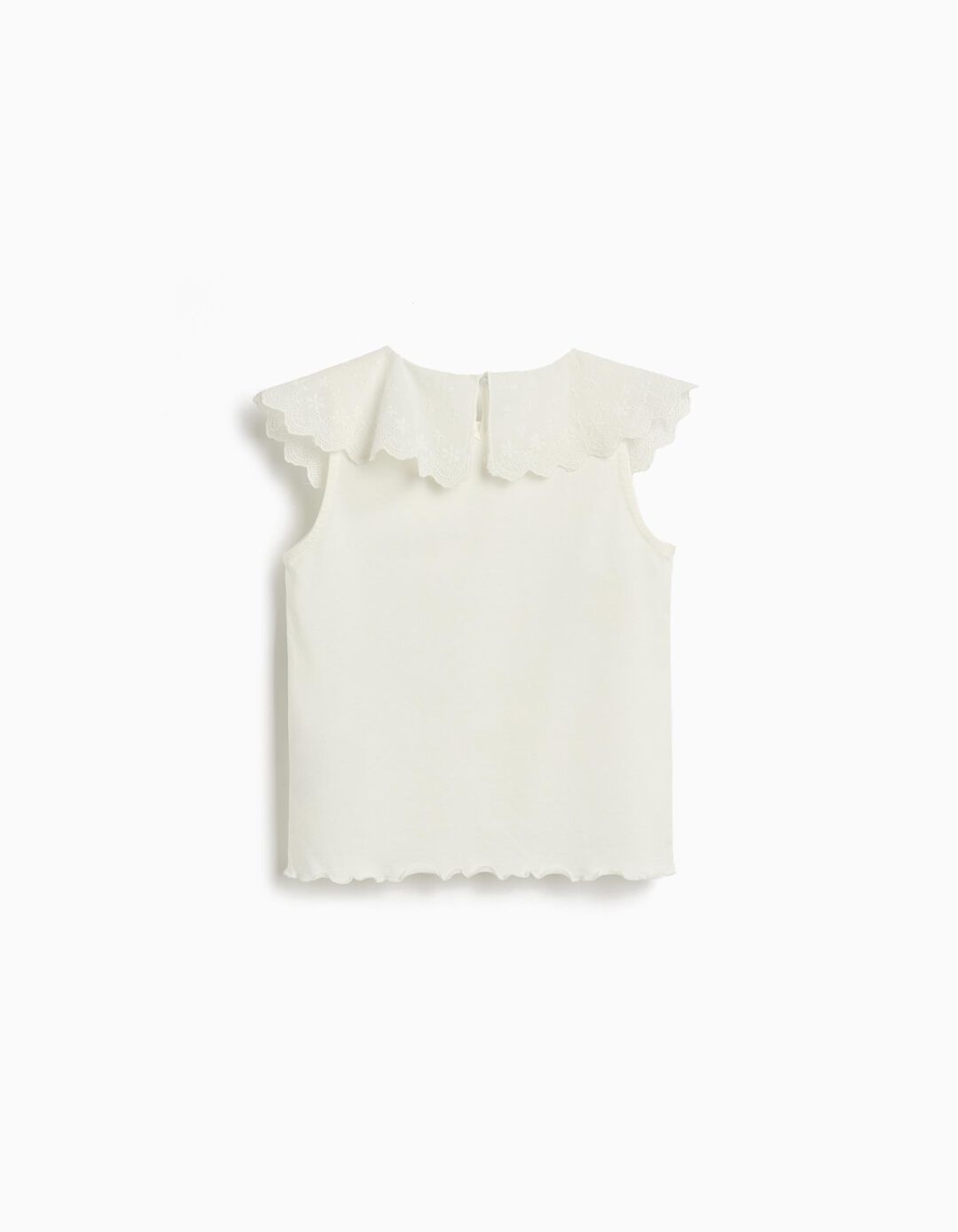 T-shirt com Gola em Bordado Inglês, Menina, Branco