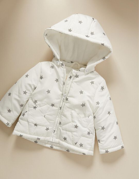 Padded Jacket with Removable Hood for Newborn Babies 'Stars', White