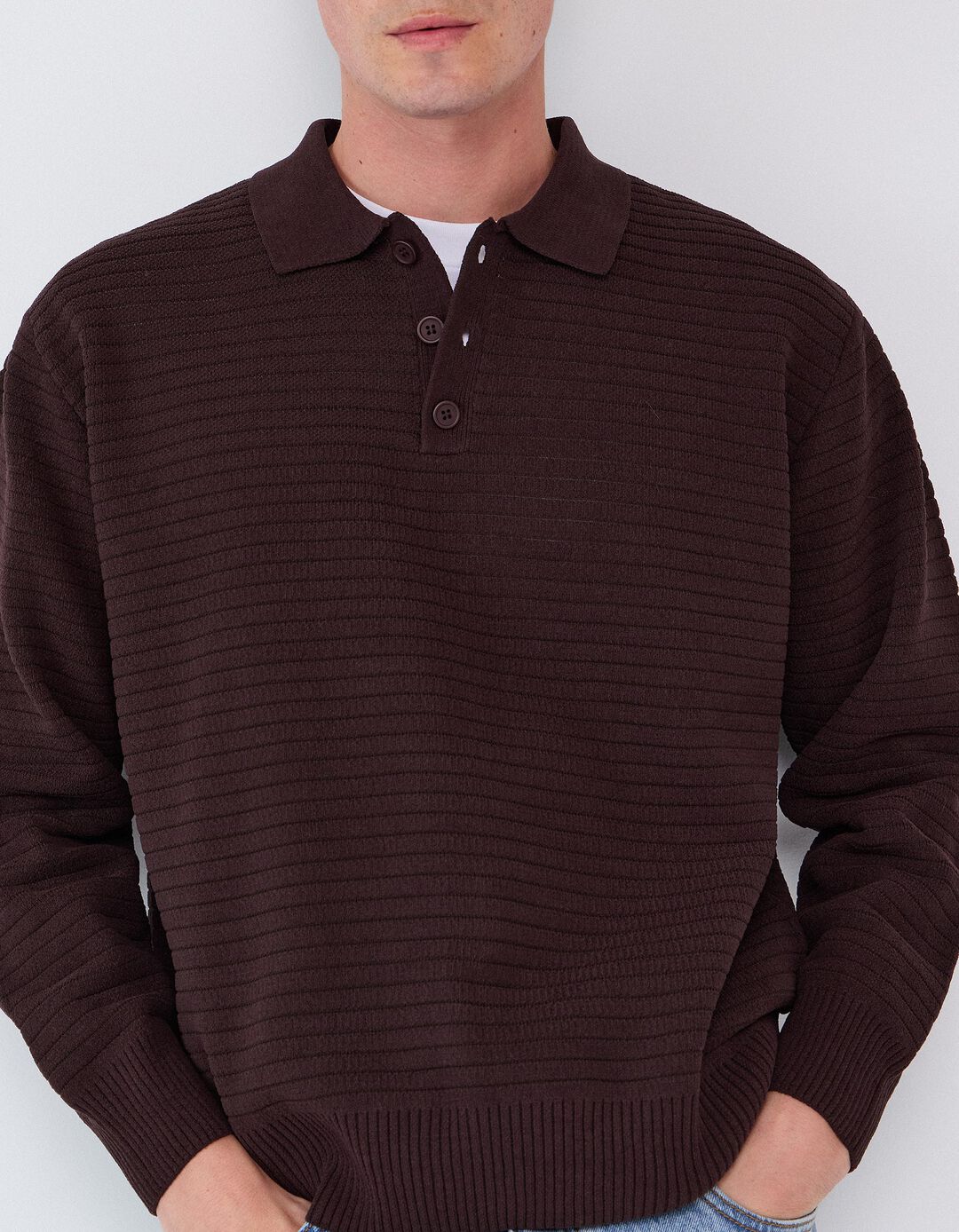 Camisola De Malha Gola Polo, Homem, Castanho Escuro