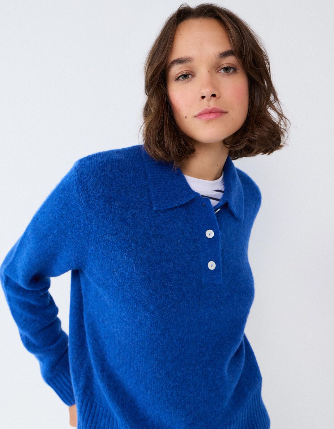 Polo Em Mistura De L&atilde; E Alpaca, Mulher, Azul